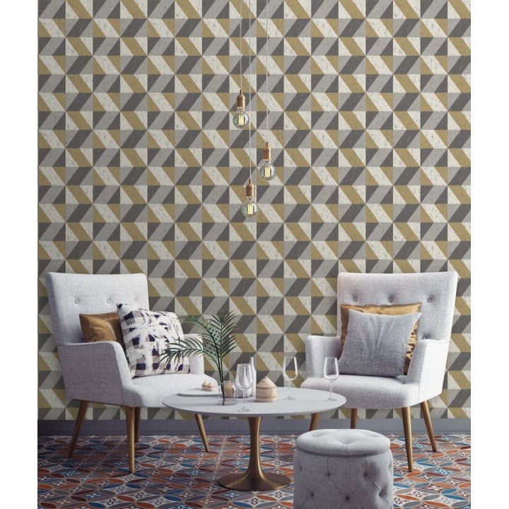 Papel pintado rombos geométricos zig zag dorado, gris y beige - Kepler 679264