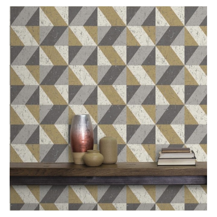 Papel pintado rombos geométricos zig zag dorado, gris y beige - Kepler 679264