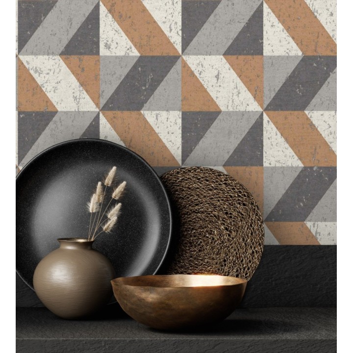 Papel pintado rombos geométricos zig zag cobre, beige y gris - Kepler 679265