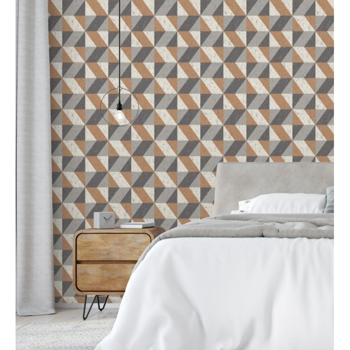Papel pintado rombos geométricos zig zag cobre, beige y gris - Kepler 679265