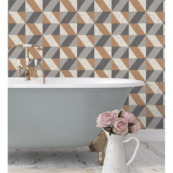 Papel pintado rombos geométricos zig zag cobre, beige y gris - Kepler 679265