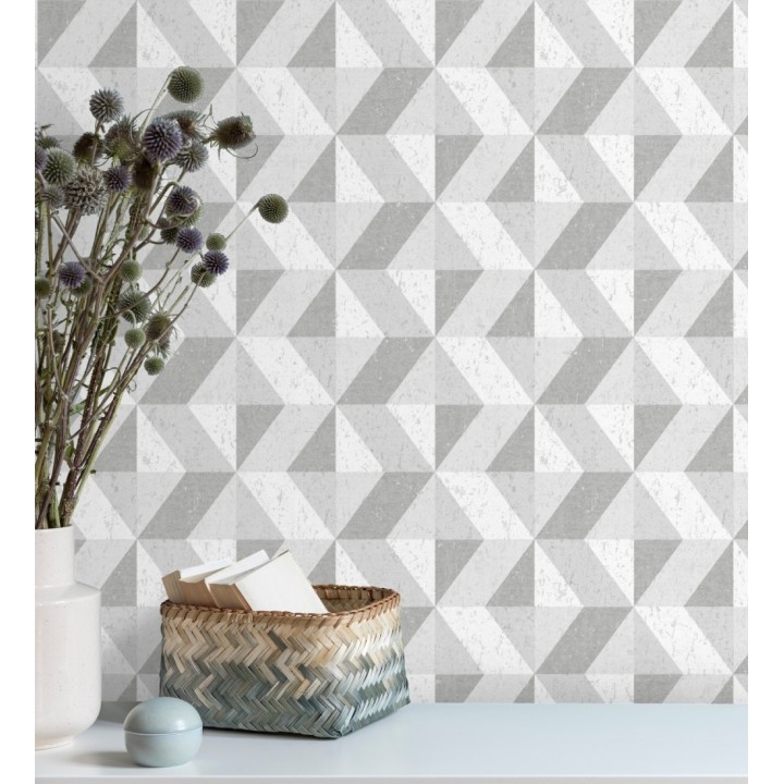 Papel pintado rombos geométricos zig zag blanco, gris y plata - Kepler 679267