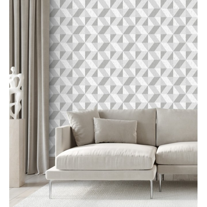 Papel pintado rombos geométricos zig zag blanco, gris y plata - Kepler 679267