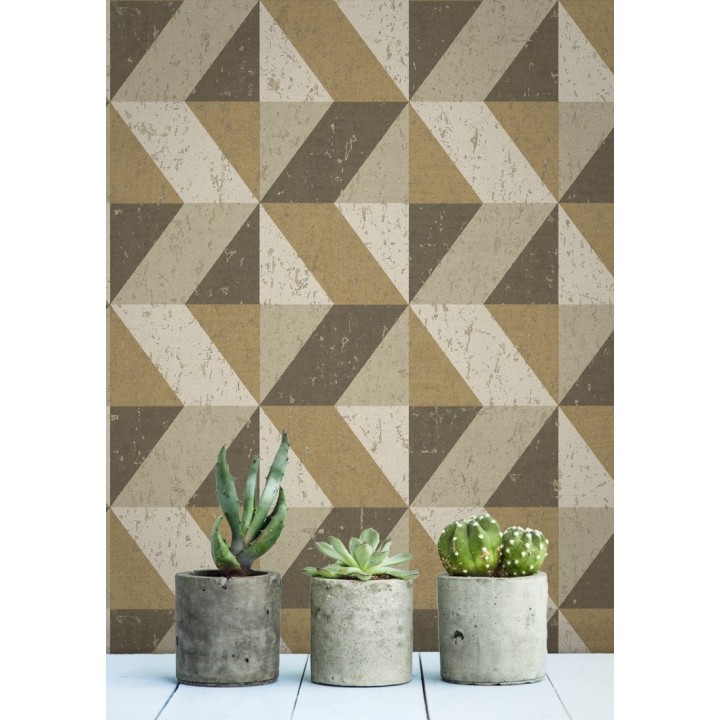 Papel pintado rombos geométricos zig zag dorado, marrón y beige - Kepler 679268