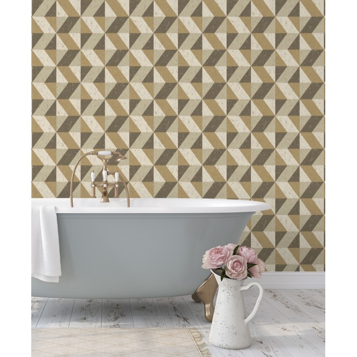 Papel pintado rombos geométricos zig zag dorado, marrón y beige - Kepler 679268