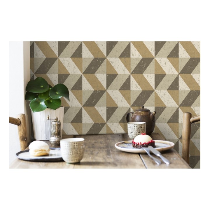 Papel pintado rombos geométricos zig zag dorado, marrón y beige - Kepler 679268