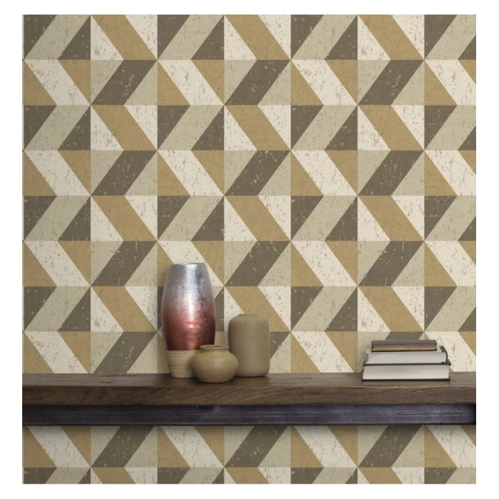 Papel pintado rombos geométricos zig zag dorado, marrón y beige - Kepler 679268