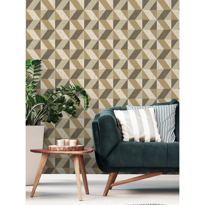 Papel pintado rombos geométricos zig zag dorado, marrón y beige - Kepler 679268