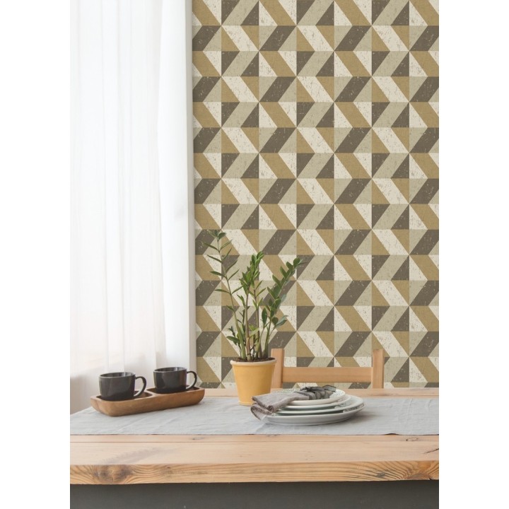 Papel pintado rombos geométricos zig zag dorado, marrón y beige - Kepler 679268