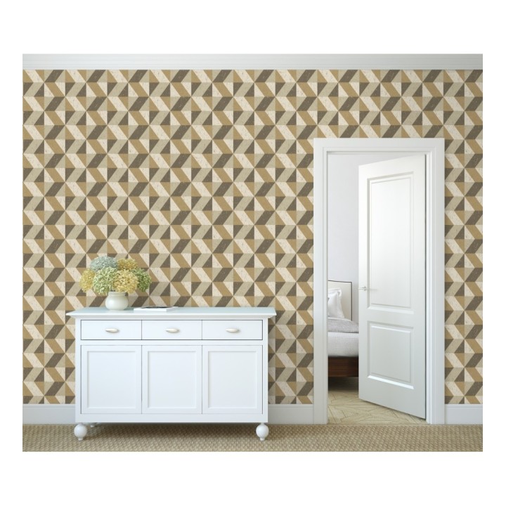 Papel pintado rombos geométricos zig zag dorado, marrón y beige - Kepler 679268