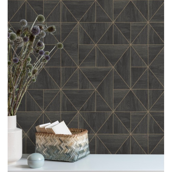 Papel pintado geométrico efecto madera estilo Art Déco - Royal Lodge 679274