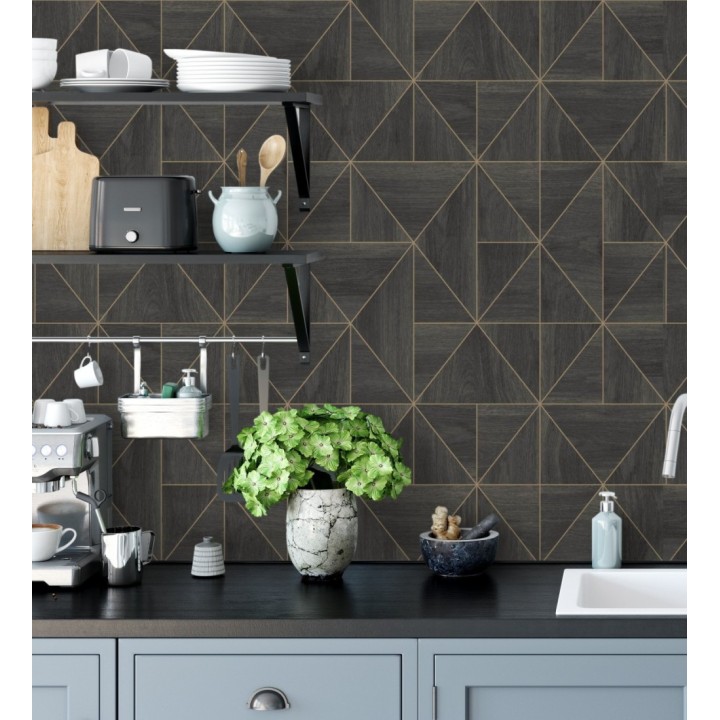 Papel pintado geométrico efecto madera estilo Art Déco - Royal Lodge 679274