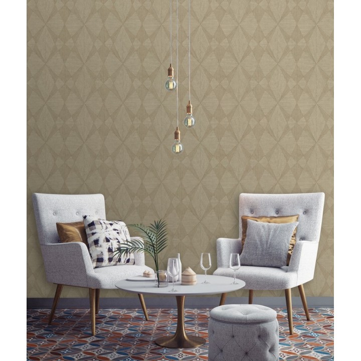 Papel pintado geométrico texturizado con vetas de madera tonos ocre - Copernico 679283