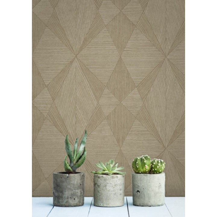 Papel pintado geométrico texturizado con vetas de madera tonos ocre - Copernico 679283