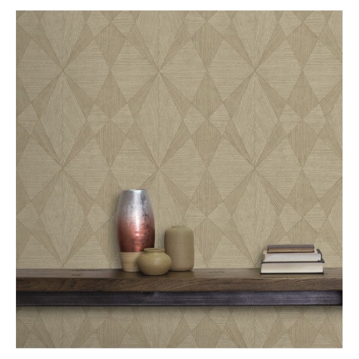 Papel pintado geométrico texturizado con vetas de madera tonos ocre - Copernico 679283
