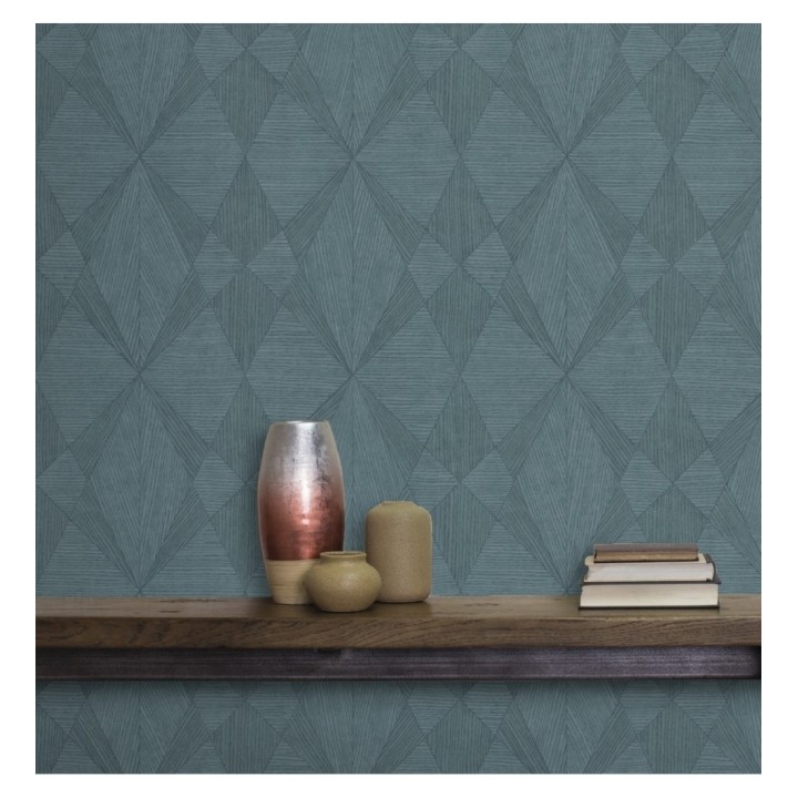 Papel pintado geométrico texturizado con vetas de madera tonos azulados - Copernico 679284