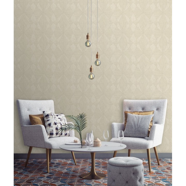 Papel pintado geométrico texturizado con vetas de madera tonos beige - Copernico 679285