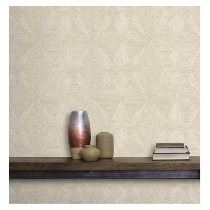Papel pintado geométrico texturizado con vetas de madera tonos beige - Copernico 679285