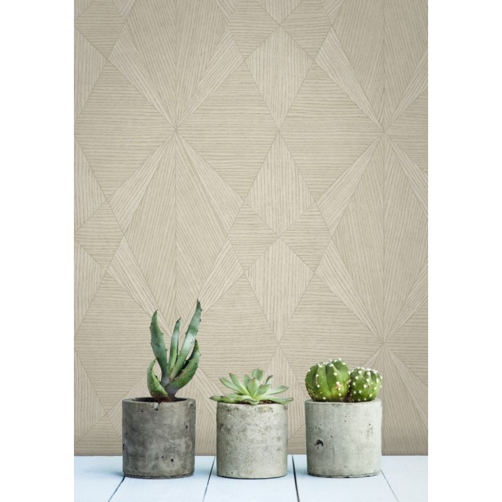 Papel pintado geométrico texturizado con vetas de madera tonos beige - Copernico 679285