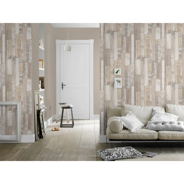 Papel pintado tablas de madera clara y blanca estilo nórdico - Portimao 6888