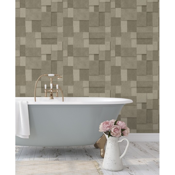 Papel pintado rectángulos geométricos texturizado tonos marrones - Denver Stone 679305