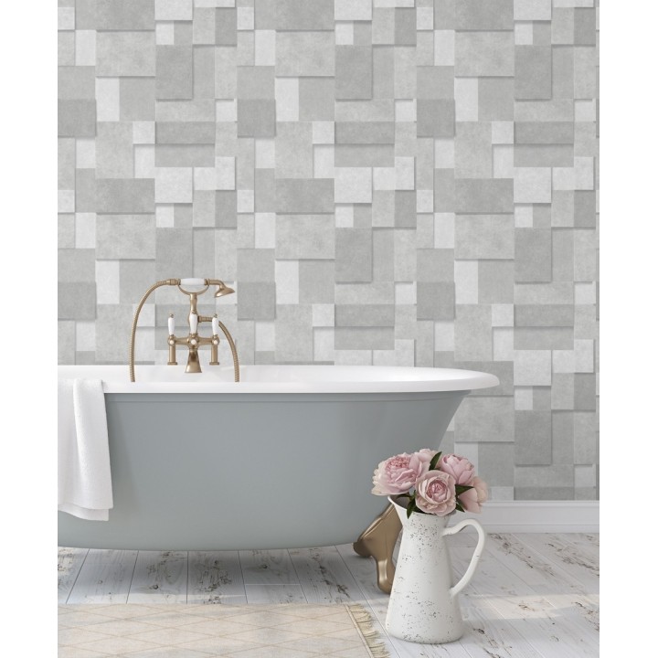 Papel pintado rectángulos geométricos texturizado gris claro - Denver Stone 679306