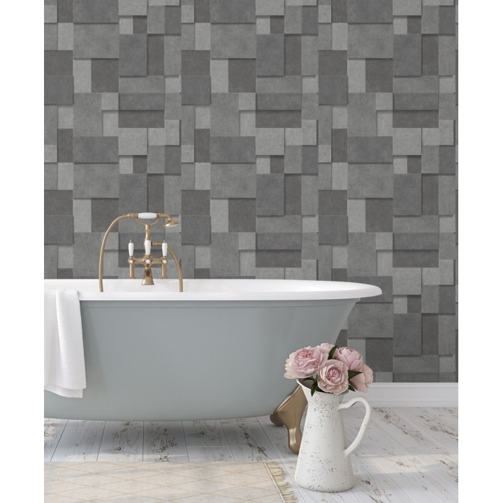 Papel pintado rectángulos geométricos texturizado tonos grises - Denver Stone 679307