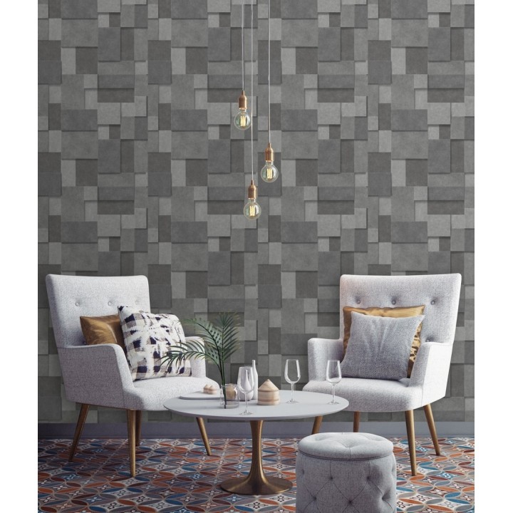 Papel pintado rectángulos geométricos texturizado tonos grises - Denver Stone 679307