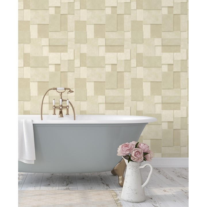 Papel pintado rectángulos geométricos texturizado tonos beige - Denver Stone 679308