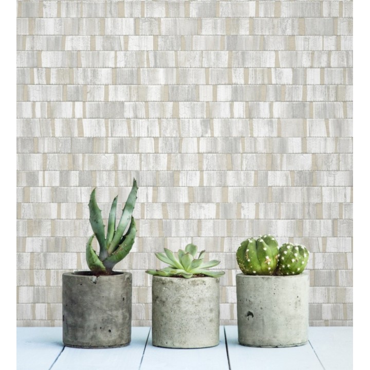 Papel pintado mosaico tonos blancos efecto madera - Nantes Stone 679337