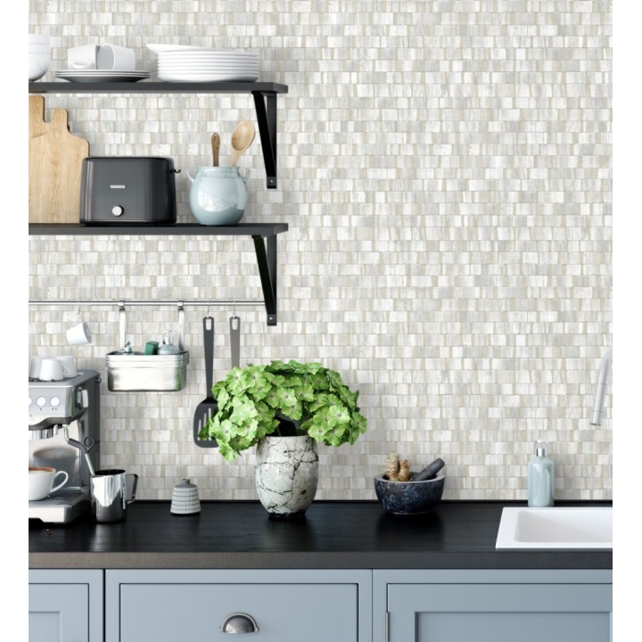 Papel pintado mosaico tonos blancos efecto madera - Nantes Stone 679337