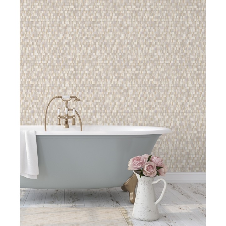 Papel pintado mosaico tonos rosados efecto madera - Nantes Stone 679338