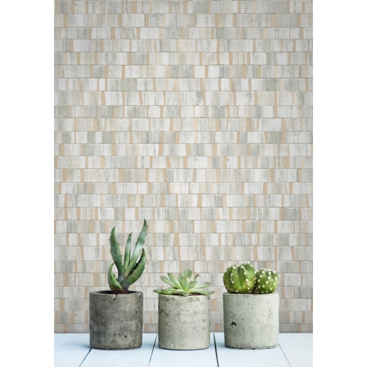 Papel pintado mosaico gris efecto madera con vetas doradas - Nantes Stone 679339