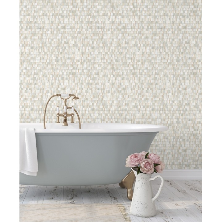 Papel pintado mosaico gris efecto madera con vetas doradas - Nantes Stone 679339