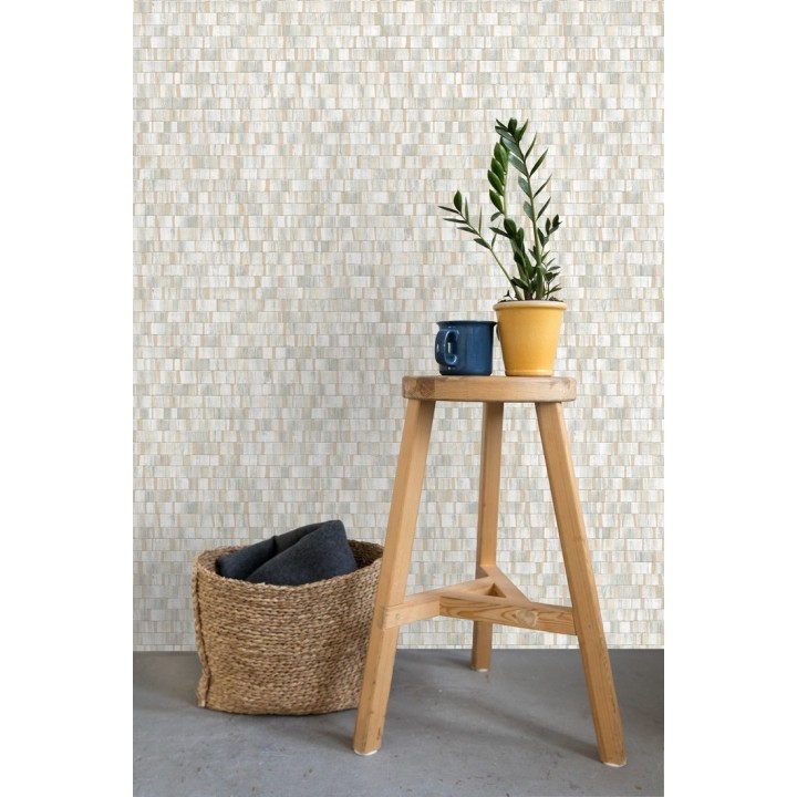 Papel pintado mosaico gris efecto madera con vetas doradas - Nantes Stone 679339