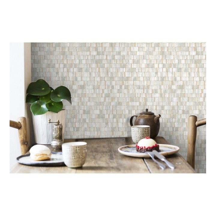 Papel pintado mosaico gris efecto madera con vetas doradas - Nantes Stone 679339