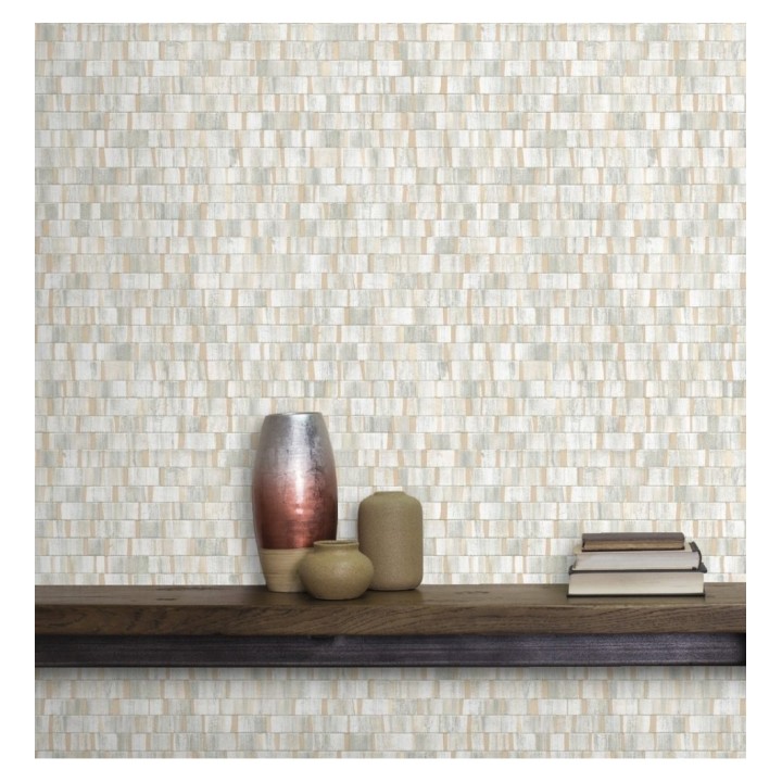 Papel pintado mosaico gris efecto madera con vetas doradas - Nantes Stone 679339