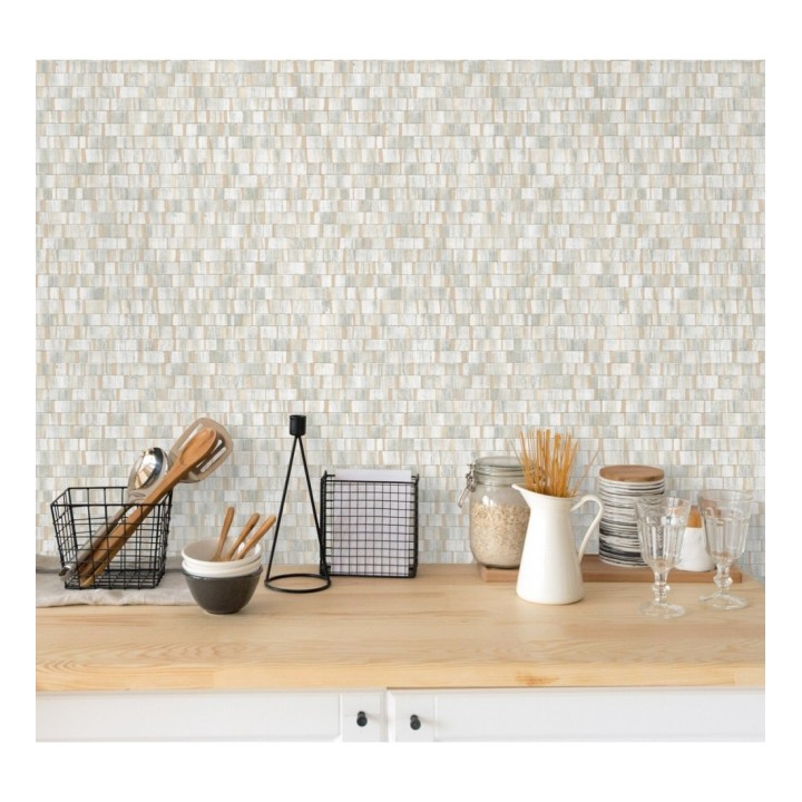 Papel pintado mosaico gris efecto madera con vetas doradas - Nantes Stone 679339