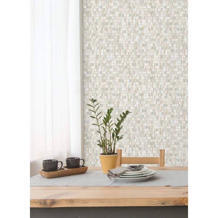 Papel pintado mosaico gris efecto madera con vetas doradas - Nantes Stone 679339