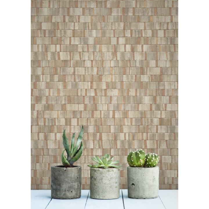 Papel pintado mosaico tonos beige oscuro efecto madera - Nantes Stone 679340