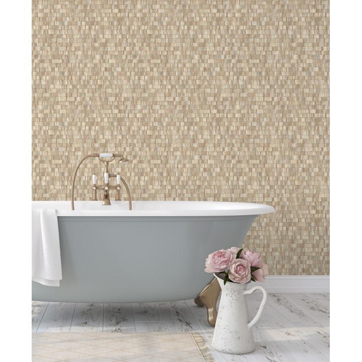 Papel pintado mosaico tonos beige oscuro efecto madera - Nantes Stone 679340
