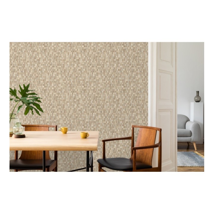 Papel pintado mosaico tonos beige oscuro efecto madera - Nantes Stone 679340