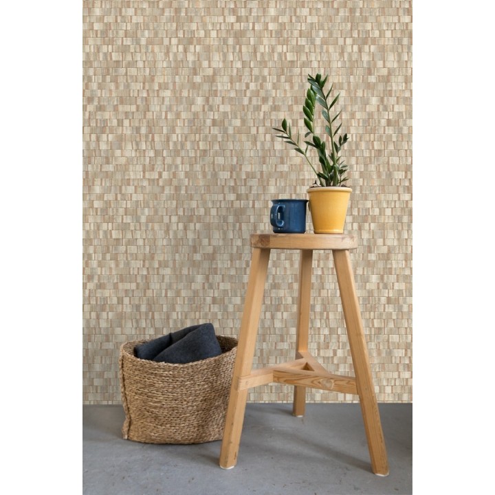 Papel pintado mosaico tonos beige oscuro efecto madera - Nantes Stone 679340