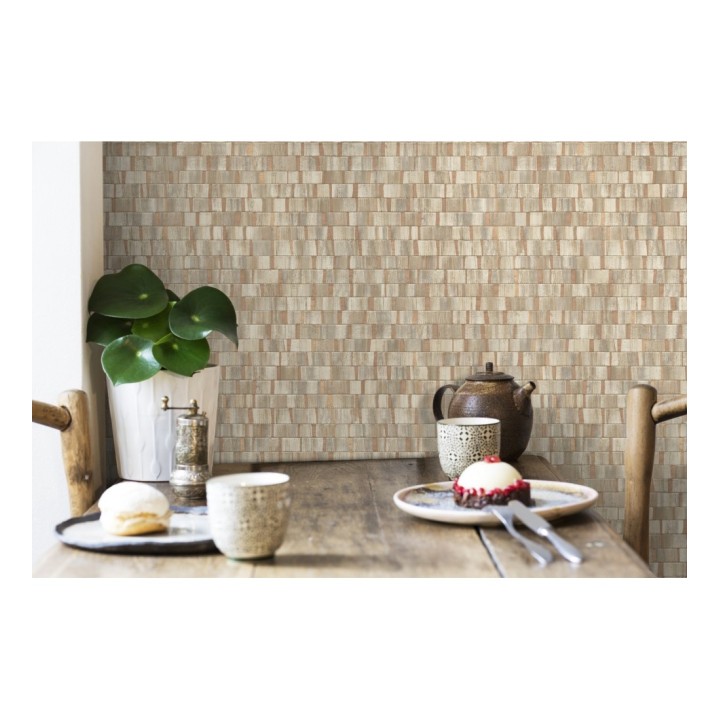 Papel pintado mosaico tonos beige oscuro efecto madera - Nantes Stone 679340