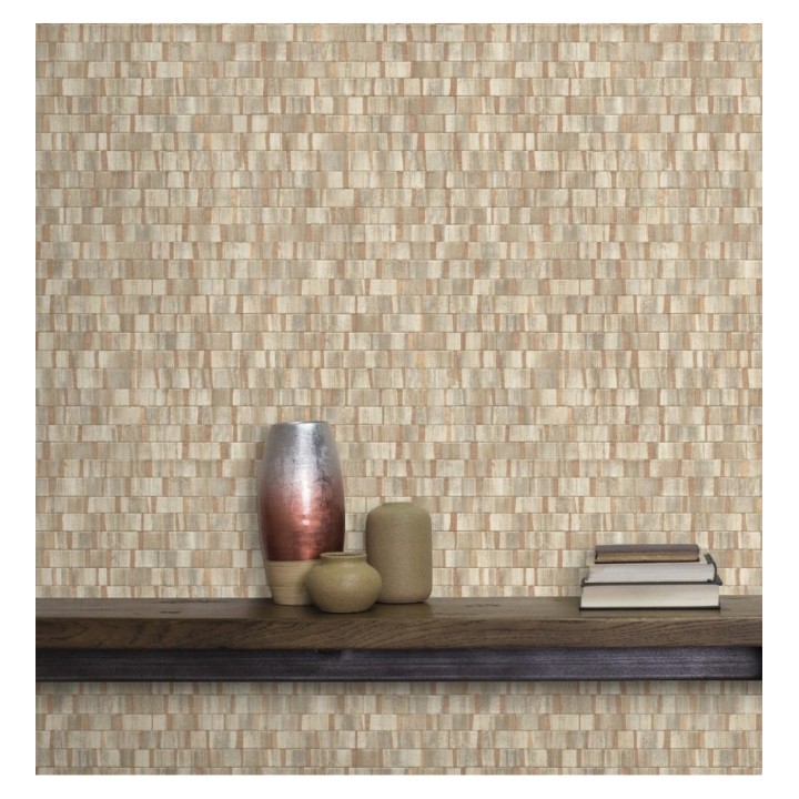 Papel pintado mosaico tonos beige oscuro efecto madera - Nantes Stone 679340