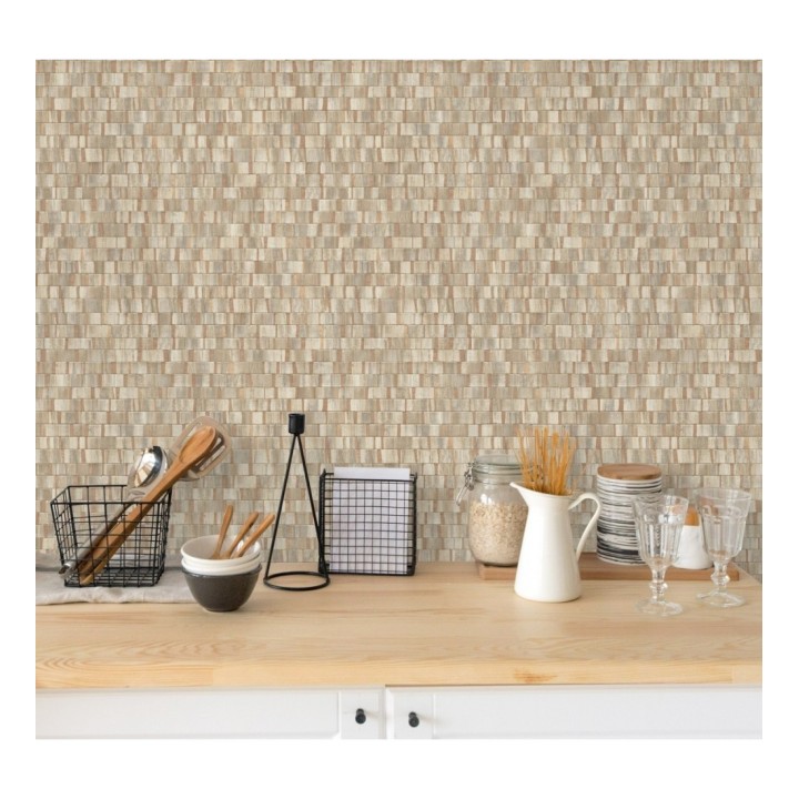 Papel pintado mosaico tonos beige oscuro efecto madera - Nantes Stone 679340