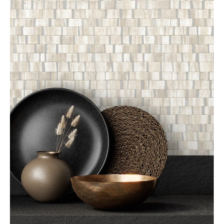 Papel pintado mosaico tonos beige efecto madera con vetas plata - Nantes Stone 679341