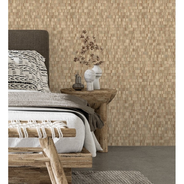 Papel pintado mosaico tonos marrones efecto madera con vetas cobre - Nantes Stone 679342