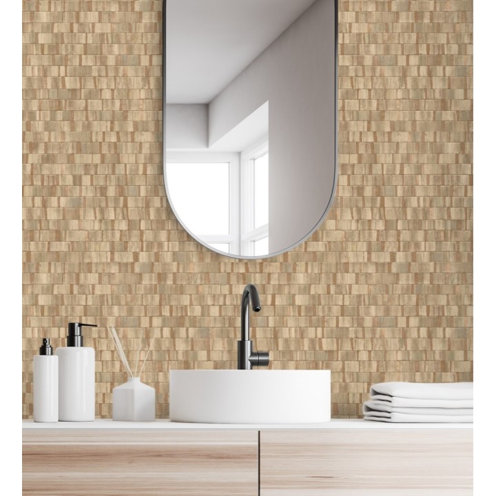 Papel pintado mosaico tonos marrones efecto madera con vetas cobre - Nantes Stone 679342