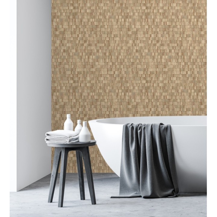 Papel pintado mosaico tonos marrones efecto madera con vetas cobre - Nantes Stone 679342